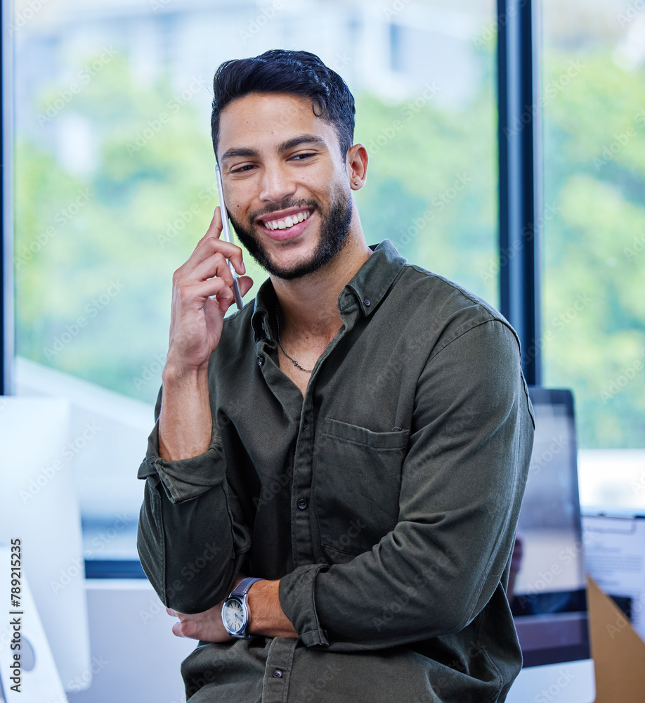 Poster Happy, man and phone call in office with communication for connection, talking and catch up with conversation. Person, cellphone and speaking on break of creative career as graphic or web designer.