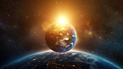Fototapeta premium Planet Earth, space, shows a realistic surface of the Earth and a map of the world, both from the point of view of space.