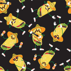 Funny cartoon mexican tacos in sombrero dancing dab and playing on guitar and maracas seamless pattern. Vector illustration.