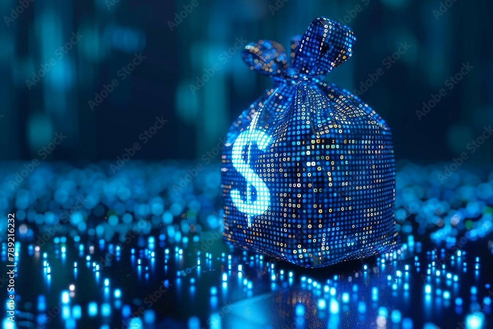 Poster digital blue moneybag with a dollar $ icon with binary code, ai financial transactions, fraud detect