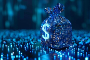 digital blue moneybag with a dollar "$" icon with binary code, ai financial transactions, fraud detection algorithms, investment portfolio management, and personalized financial planning services.
