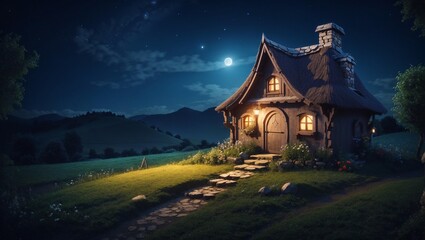 A cottage in the middle of a field at night with a full moon in the background.