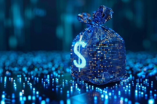 digital blue moneybag with a dollar $ icon with binary code, ai financial transactions, fraud detection algorithms, portfolio management, and personalized financial planning services. money bag. 