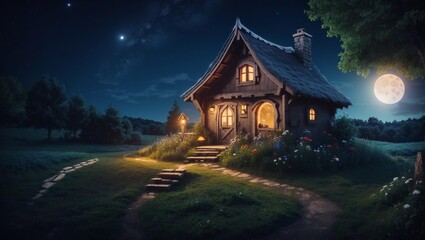 Fototapeta premium A cottage in the middle of a field at night with a full moon in the background.