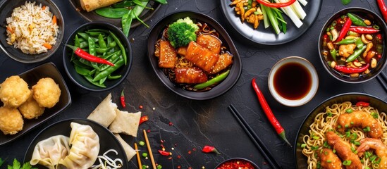 Chinese cuisine displayed on a dark background, consisting of noodles, fried rice, dumplings, stir-fried chicken, dim sum, spring rolls, bean sprouts, and bok choy. - obrazy, fototapety, plakaty