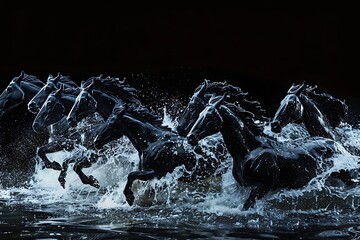 Black Water Horses Galloping. A group of horses made of water galloping in water on a black background. . - obrazy, fototapety, plakaty