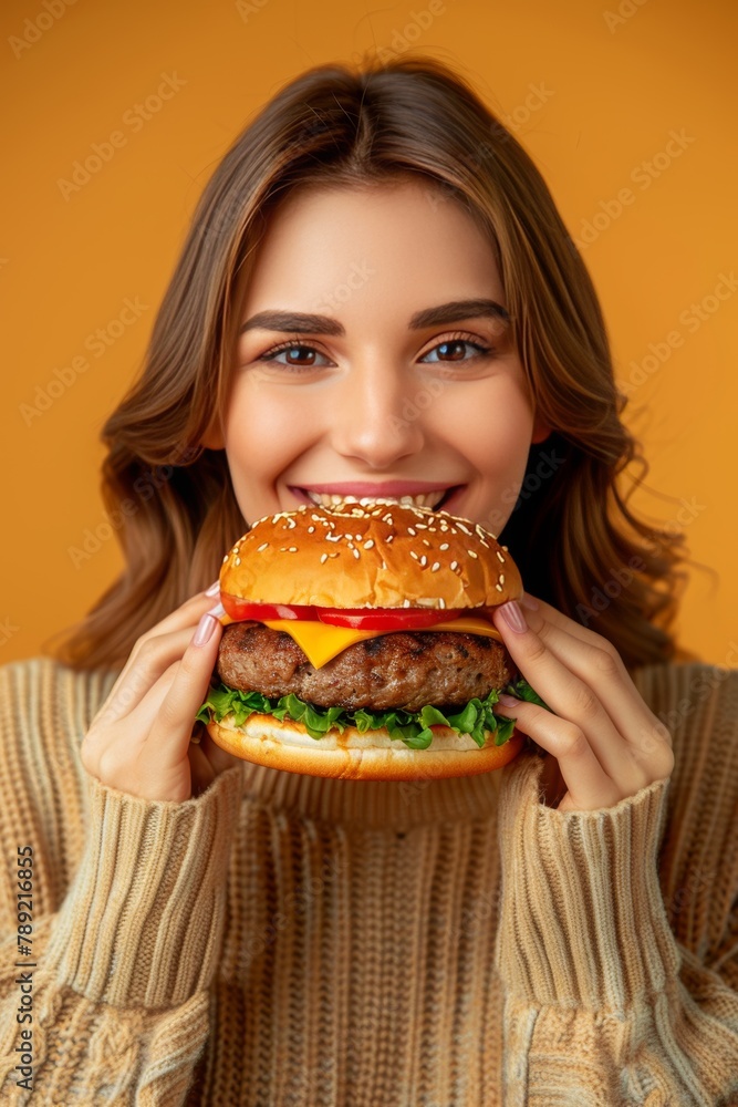 Wall mural woman enjoying delicious burger on pastel colored background with copy space for text placement