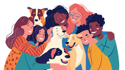 Group of people and dog surrounding and hugging