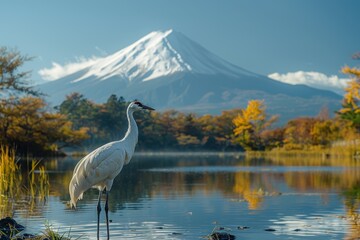 A majestic crane stands in clear water with scenic Mount Fuji and vibrant autumn foliage in the...