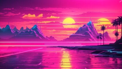 A pink and purple landscape with mountains, palm trees, and a body of water.  
