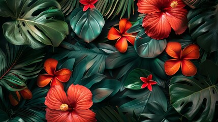 colorful flower on dark tropical foliage nature background