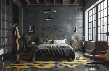 Dark gray walls, black and yellow geometric patterns on the floor in an industrial style bedroom with high ceilings, featuring minimal furniture such as bike-themed decor and stylish chairs