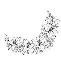 Semicircular Circle floral frame with lilies, wreath. monochrome line art, floral wreath. Botanical Border. Silhouette Wedding Decor