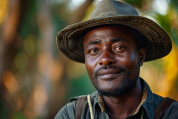 Man wearing a hat with a warm bokeh background, displays a serene expression