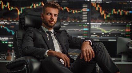 A successful stock trader sits in his office surrounded by monitors.
