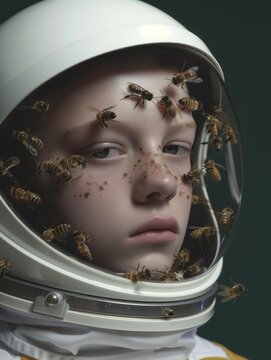 A young girl in a spacesuit with bees on her face and in her hair