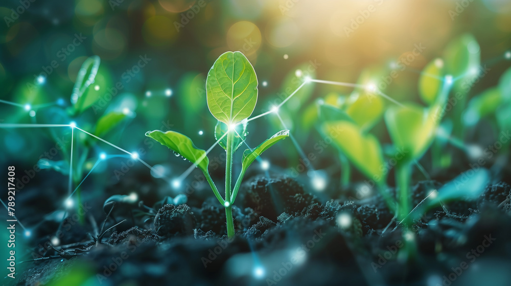Poster a plant is growing in a field with a network of lines surrounding it. concept of growth and intercon
