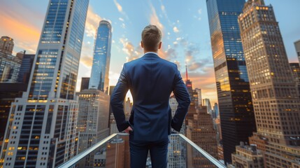 Looking out over the city from a rooftop, a man in a suit takes in the view. - obrazy, fototapety, plakaty