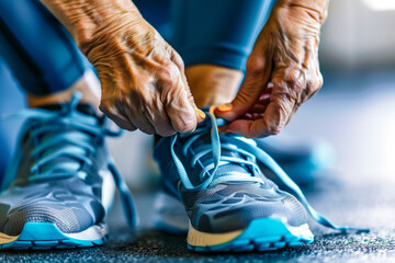 Middle aged man tying his shoelaces and getting ready to go workout - obrazy, fototapety, plakaty