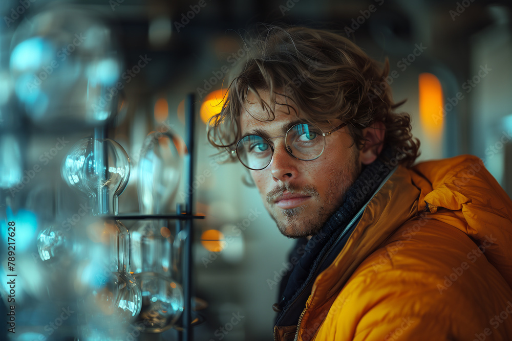 Poster a scientist experimenting with parallel universes and alternate timelines.man in yellow jacket and g