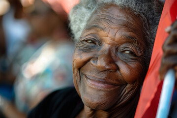 Fototapeta na wymiar The face of an elderly African-American woman glows with joy, her expression attracts attention against the slightly blurred background of the juneteenth public parade