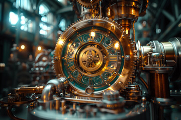 A steampunk-inspired time machine powered by gears, steam, and clockwork mechanisms. Closeup view of a gear clock in an automotive engineering factory