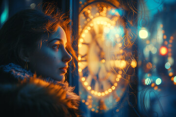 A time machine hidden in plain sight, disguised as an ordinary household object.a woman is looking at a clock in a window