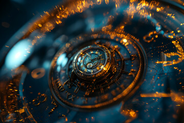 A time machine malfunctioning, causing the traveler to become unstuck in time. a close up of a...