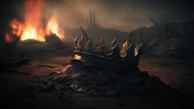 Crown burning on the ground. War and defeat. Epic fantasy and dramatic loop video animation.