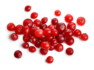 Pile of fresh ripe cranberries isolated on white, top view
