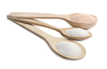 Different types of natural salt in wooden spoons isolated on white