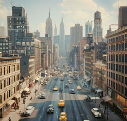 A vintage photograph of the bustling streets and skyscrapers of New York City in early morning,...