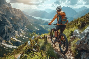 A mountain biker pauses to admire the breathtaking view of the mountain range, reflecting the connection between human and nature