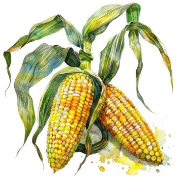 A vibrant watercolor painting of corn cobs with green leaves