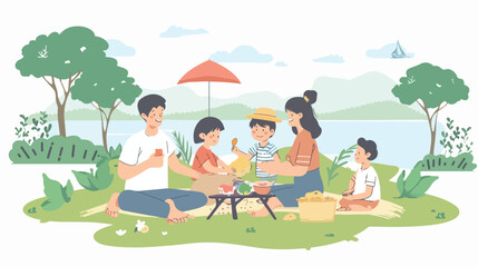 Obraz na płótnie Canvas Happy Asian family on picnic in nature. Mother father