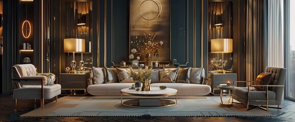 Fototapeta na wymiar Interior of stylish living room with golden lamps and sofa