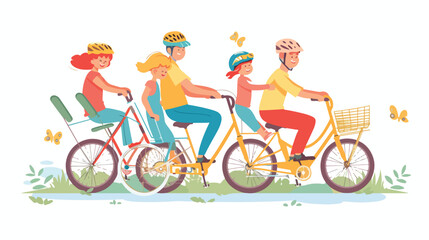 Happy family riding tandem bicycles or bicycling.