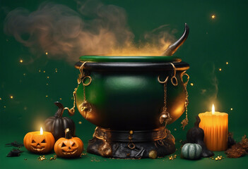 Witch's cauldron in which a potion is brewed on a green background among pumpkins and candles copy space, AI generated