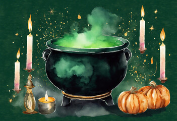 Witch's cauldron in which a potion is brewed on a green background among pumpkins and candles copy space, AI generated