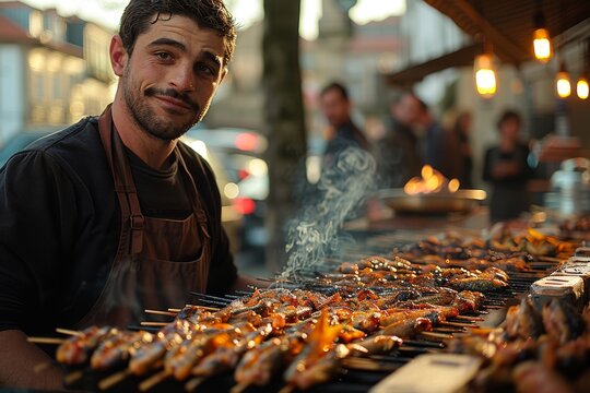 A chef grilling meat with visible flames and smoke at an outdoor street market
