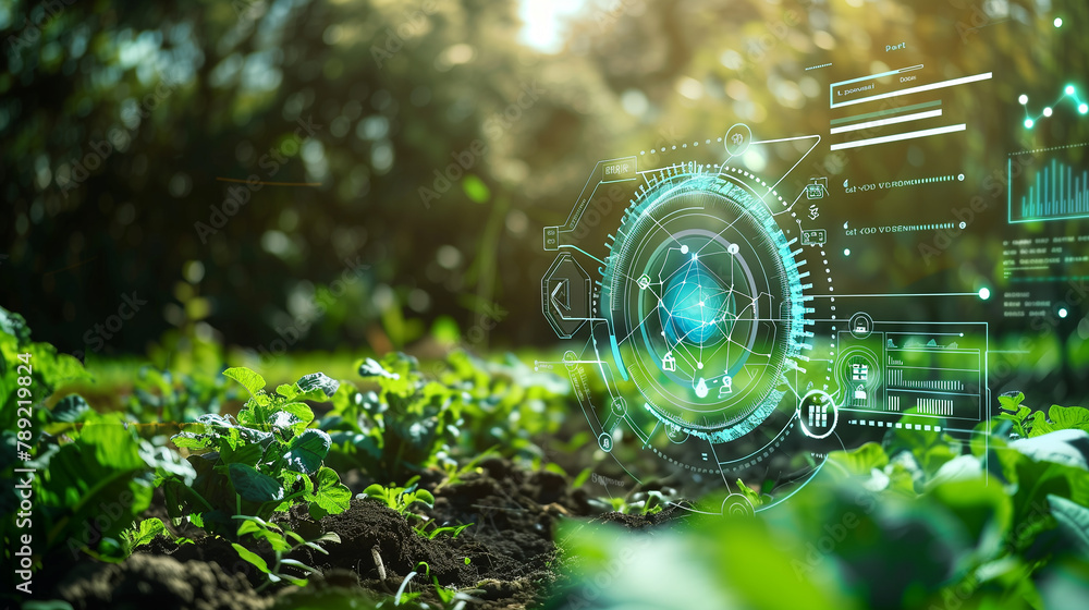 Poster a field of green plants with a digital screen showing graphs and numbers. concept of modern agricult