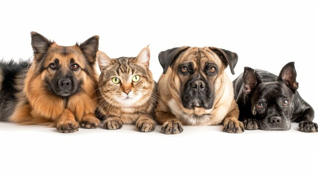 Assortment of cats and dogs in studio setting on white background with ample space for text