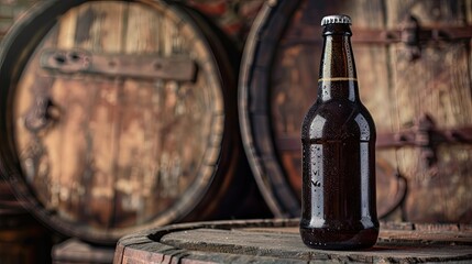 Rustic Beer Bottle Displayed Amid Wooden Barrels in Brewery Cellar - obrazy, fototapety, plakaty