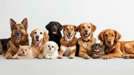 Assorted cats and dogs studio portrait on white background with space for text, high quality image