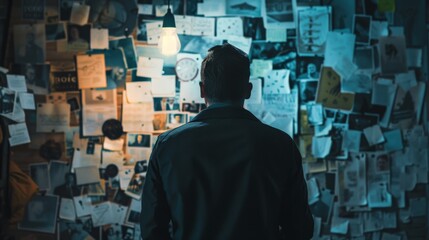 A police detective looking at a wall covered in photos and notes about a murder mystery