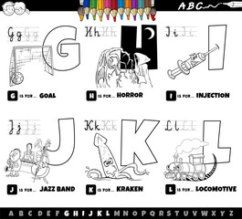educational cartoon alphabet letters set from G to L coloring page