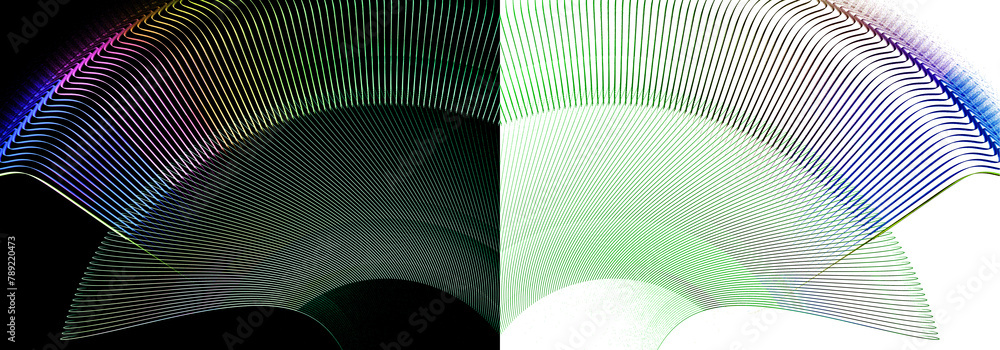 Poster striped colorful fans are arranged in layers on black and white backgrounds. two abstract fractal ba