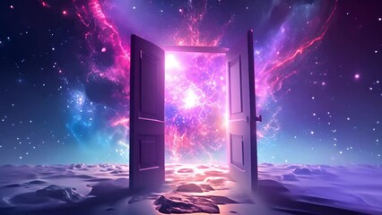 Open doorway leading to a vibrant cosmic scene. Portal to a galaxy with clouds and nebulae. Concept of sci-fi gateway, space exploration, cosmic journey, and fantasy worlds. Motion - Powered by Adobe