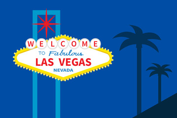 Welcome to fabulous Las Vegas sign icon at night. Classic retro symbol. Nevada sight showplace. Palm tree set. Template for greeting card, banner, sticker print. Flat design. Blue background. Vector © worldofvector