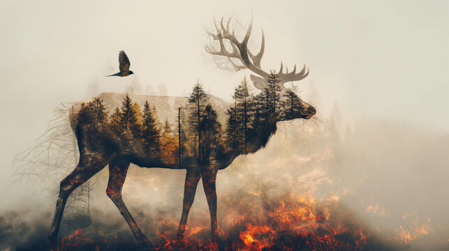 A double exposure of an elk and forest fire, showcasing the concept of environmental destruction in nature photography. A bird flying above it , misty background.